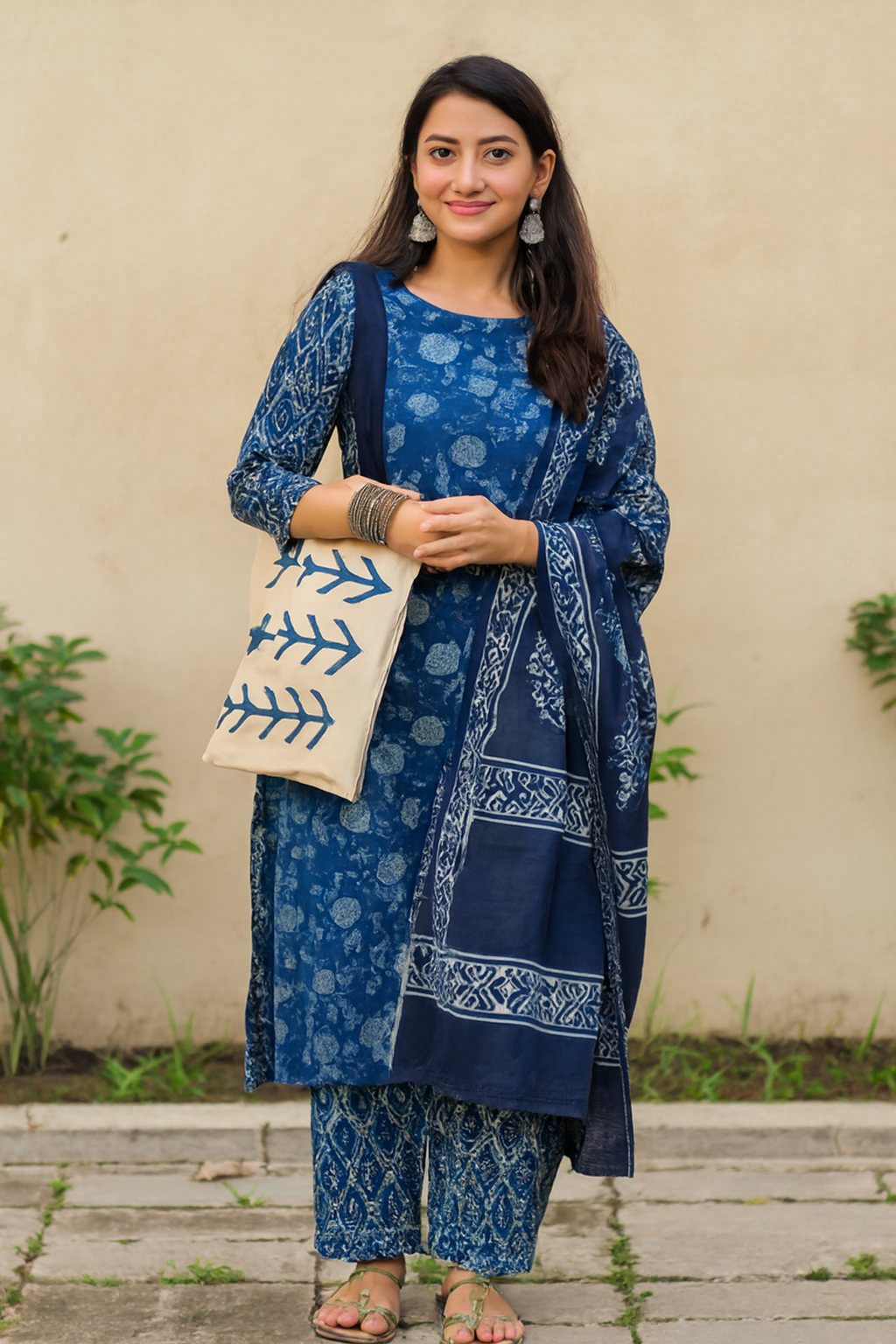 Blue Meadow – Indigo Cotton Suit Set (Bagru Print)