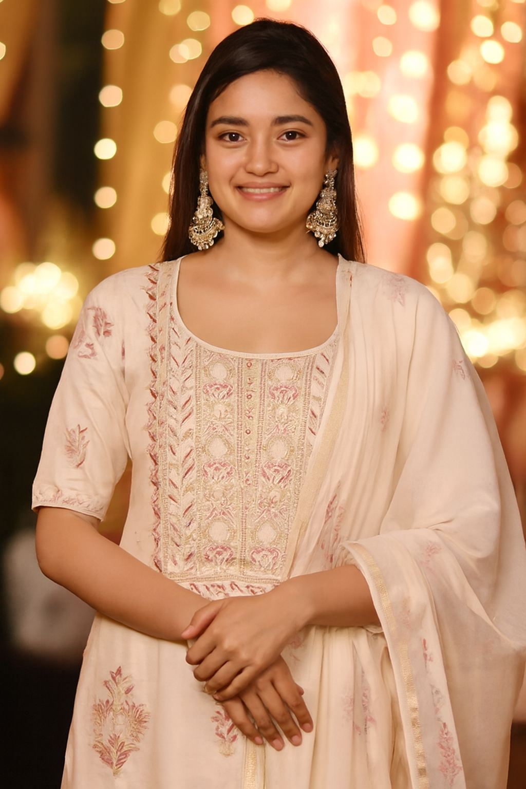 Aarohi - Kurta Material with Dupatta in White Mul Chanderi with Pearl and Cut Daana Work
