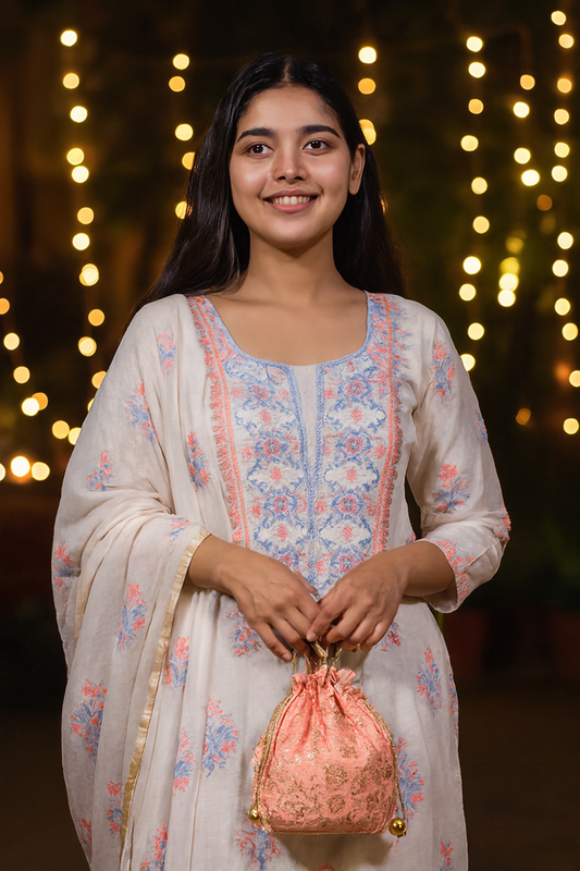 Chand - Kurta Material with Dupatta in White Mul Chanderi
