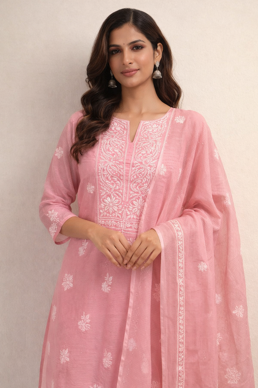 Gullika - Kurta Material with Dupatta in Pink Kota with White Chikankari Work