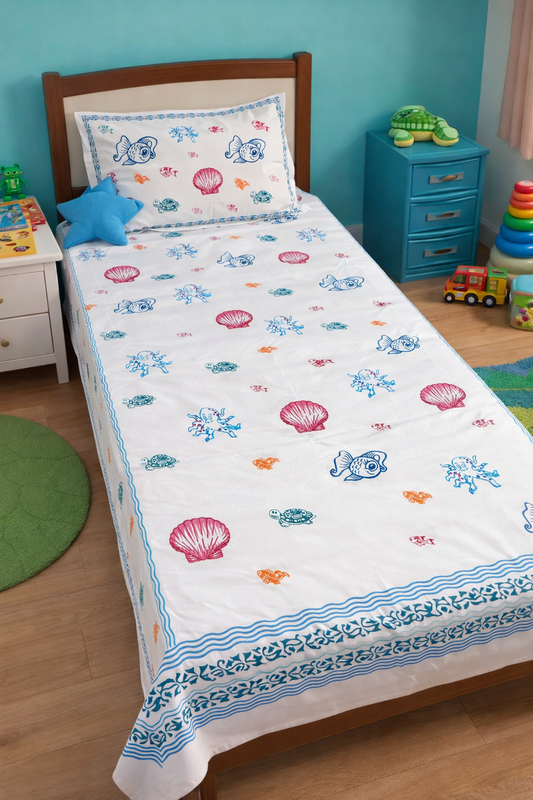 Under The Sea – Kids Hand Block Printed Single Bedsheet