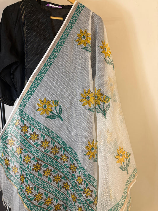 SurajMukhi - White Kota Doria with Sunflower motifs
