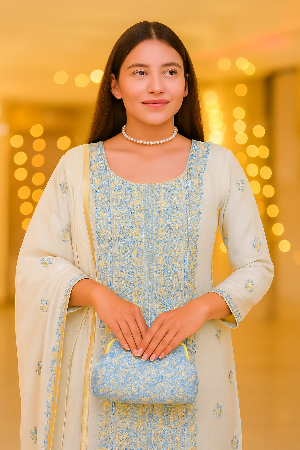Tara - Kurta Material with Dupatta in White Mul Chanderi with Pearl, Beads and Sequin Work