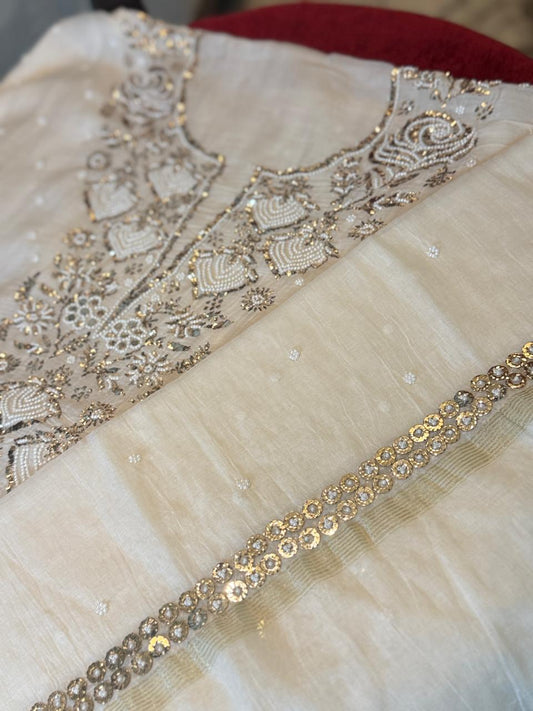 Jashn - Kurta Cloth with Dupatta in White Mul Chanderi with Pearl Mukesh Work