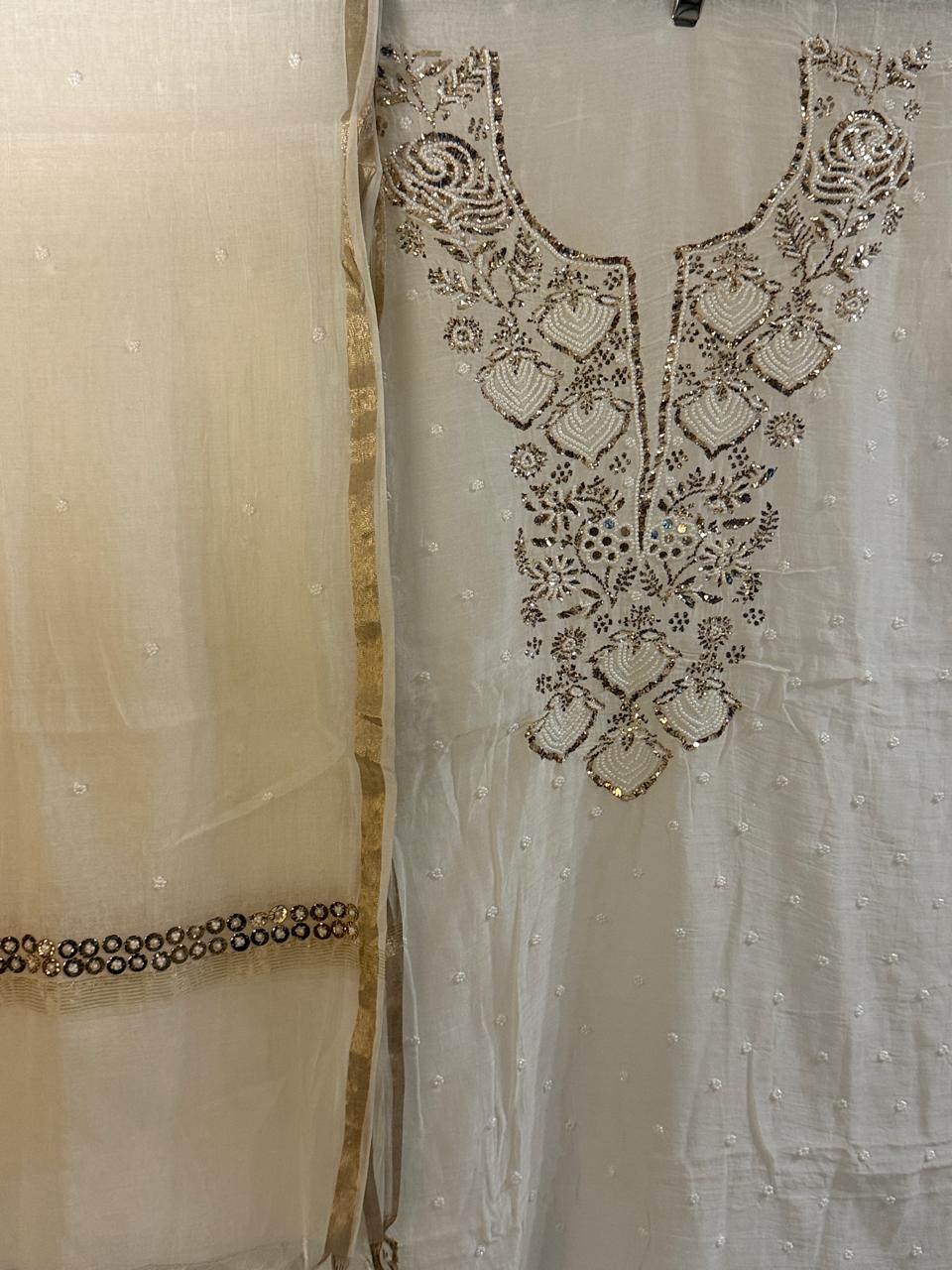 Jashn - Kurta Cloth with Dupatta in White Mul Chanderi with Pearl Mukesh Work
