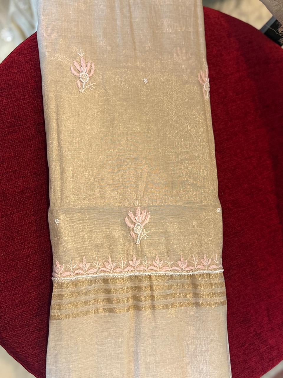 Zarrah - Rose Gold Tissue Kurta Cloth with Dupatta with Pearl Work