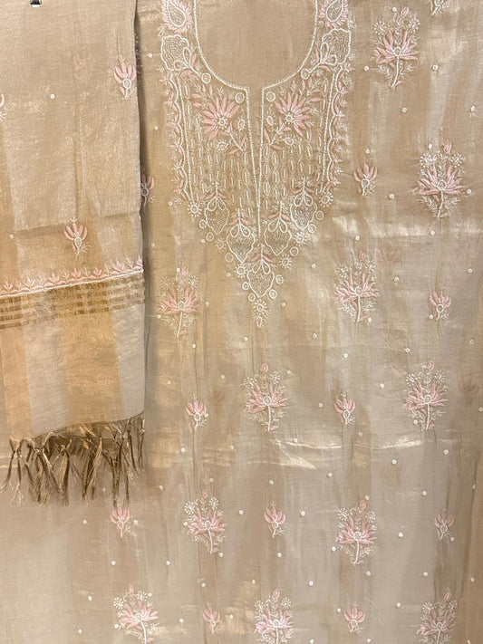 Zarrah - Rose Gold Tissue Kurta Cloth with Dupatta with Pearl Work