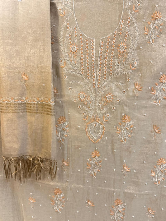 Suroor - Rose Gold Tissue Kurta Cloth and Dupatta with Pearl Work