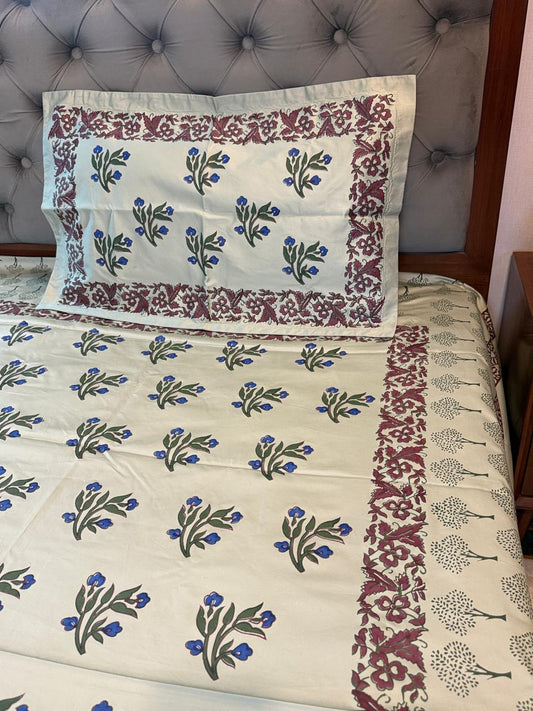 Garden Bloom – Hand Block Printed Single Bedsheet Set (Large)