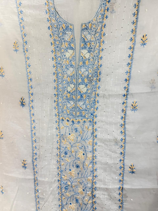 Tara - Kurta Material with Dupatta in White Mul Chanderi with Pearl, Beads and Sequin Work