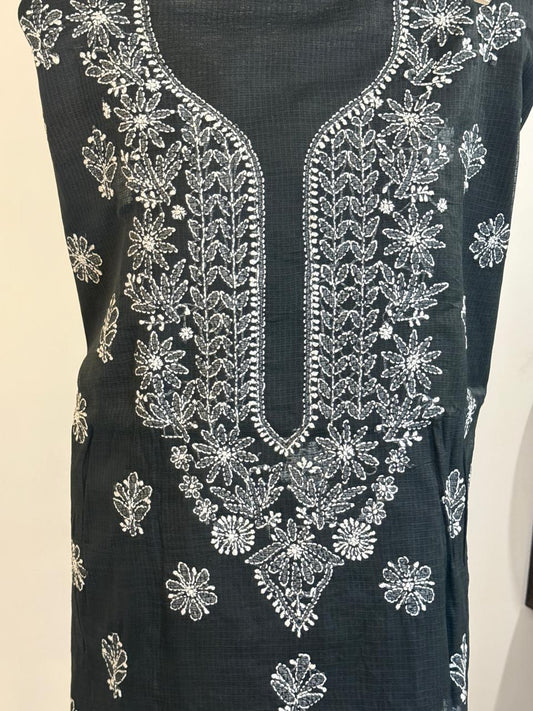 Riva - Kurta Material with Dupatta in Black Kota with White Chikankari Work