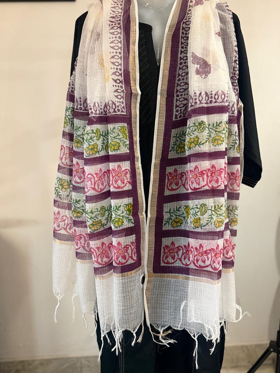 Minakshi - Hand Block Printed White Kota Doria with Purple fish motifs