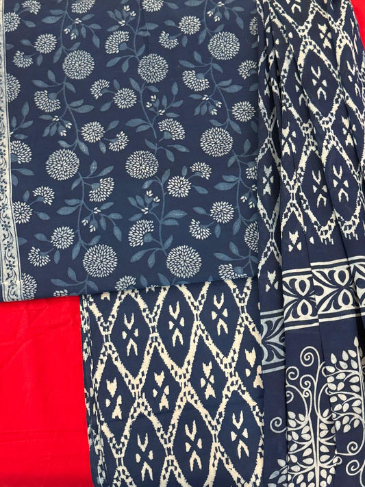 Blue Meadow – Indigo Cotton Suit Set (Bagru Print)