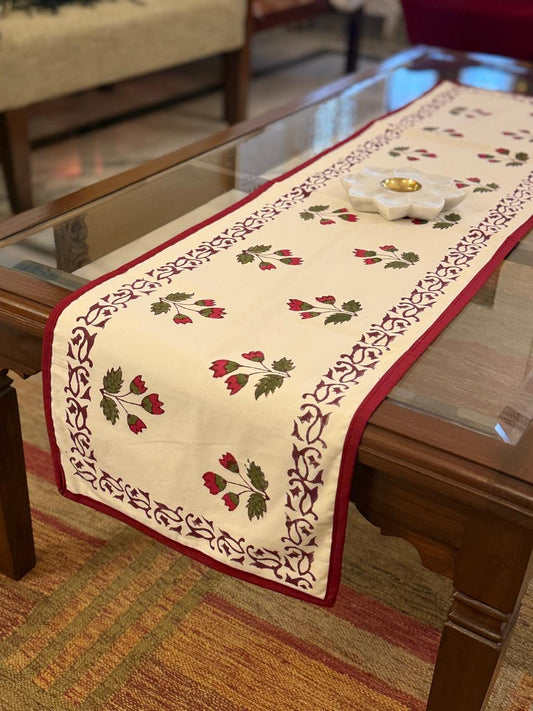 Kriti - Hand Block Print Coffee Table Runner with red border piping (12"x44")