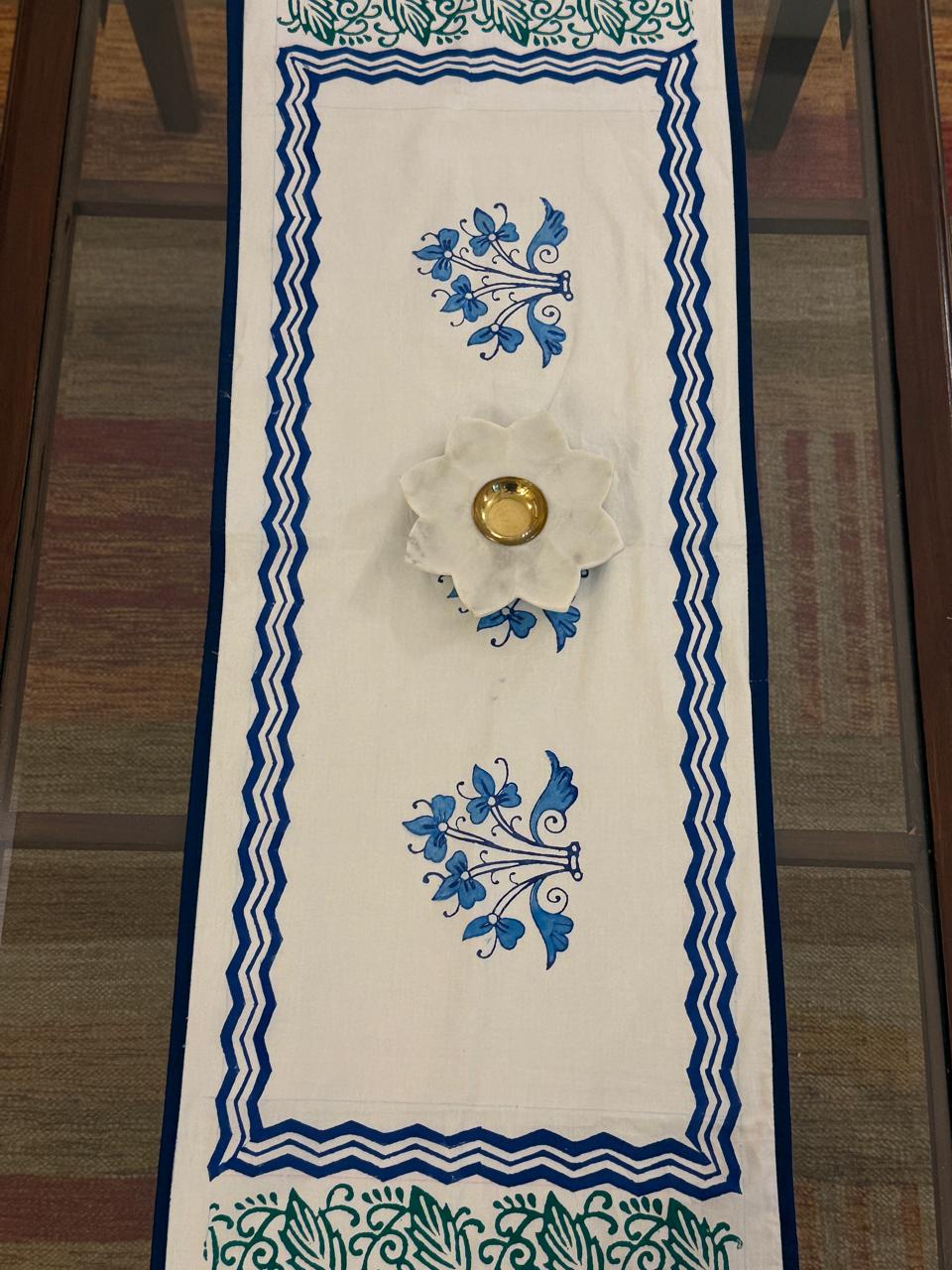 Nilaya - Hand Block Print Table Runner with blue border piping (15"x48")