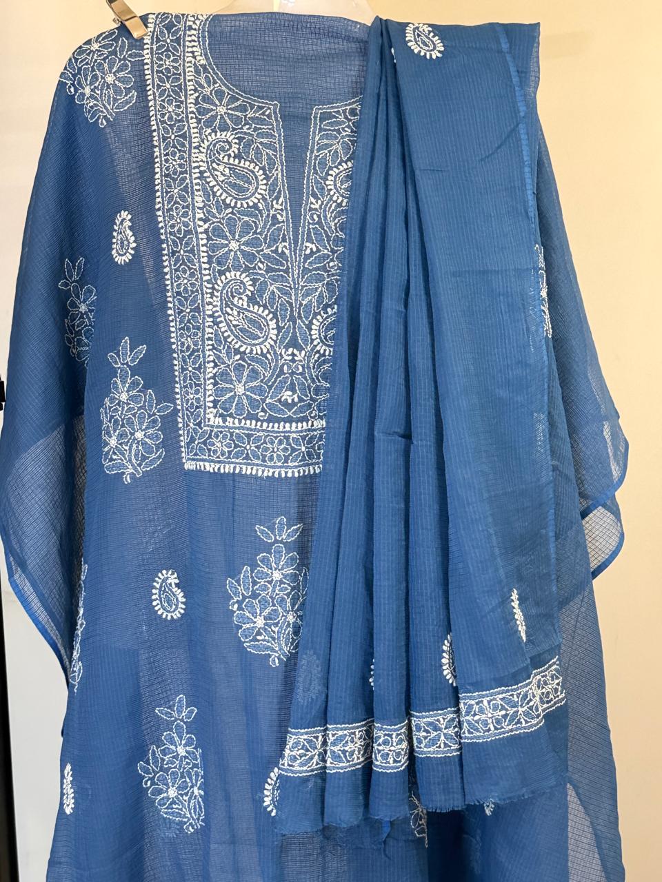 Neelima - Kurta Material with Dupatta in Blue Kota with White Chikankari Work