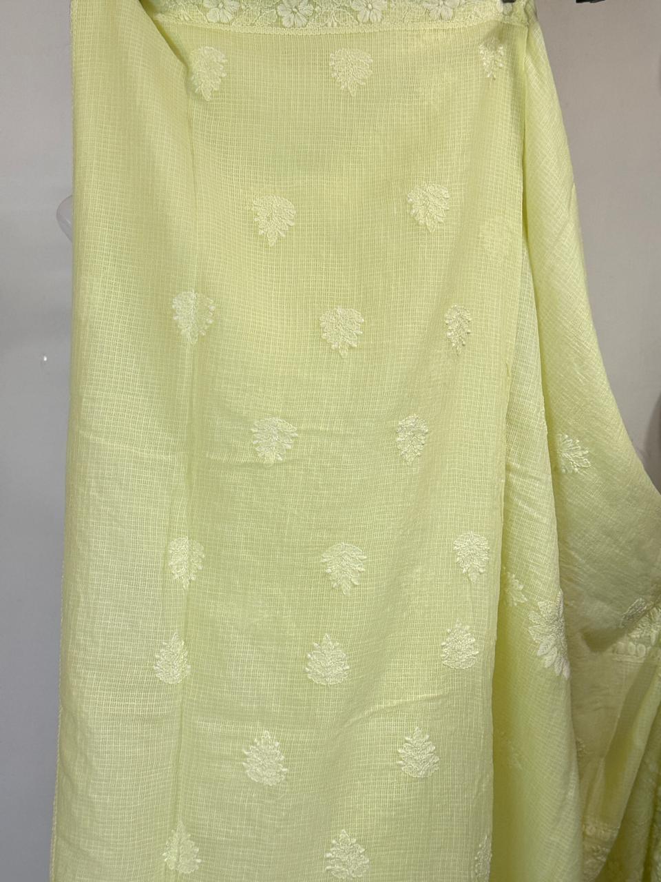 Amaltas - Kurta Material with Dupatta in Lemon Yellow Kota with White Chikankari Work