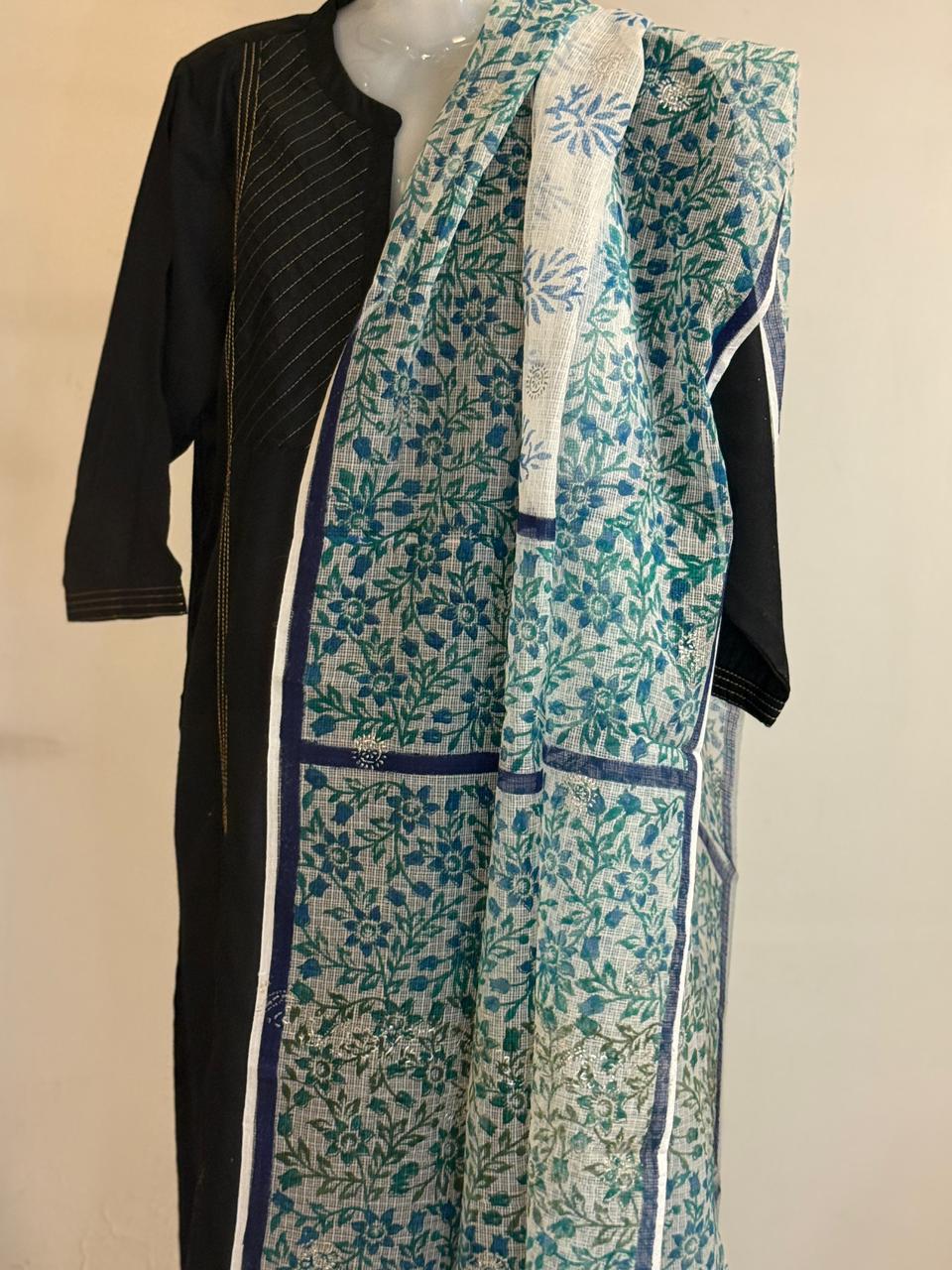 Varnika - Hand Block Printed White Kota Doria with Blue Florals