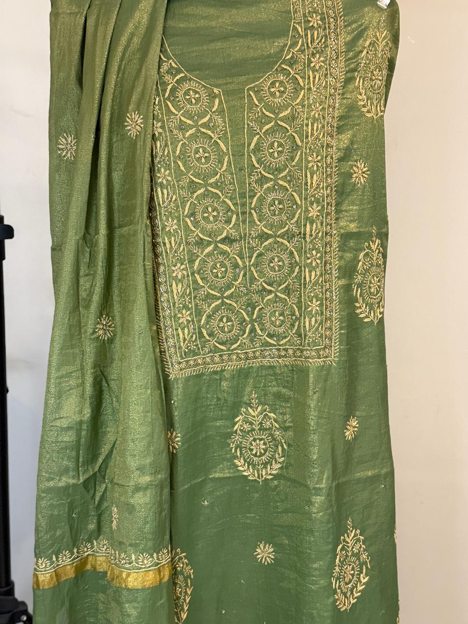 Aranya - Mehndi Green Tissue Unstitched Kurta Cloth and Dupatta with Work