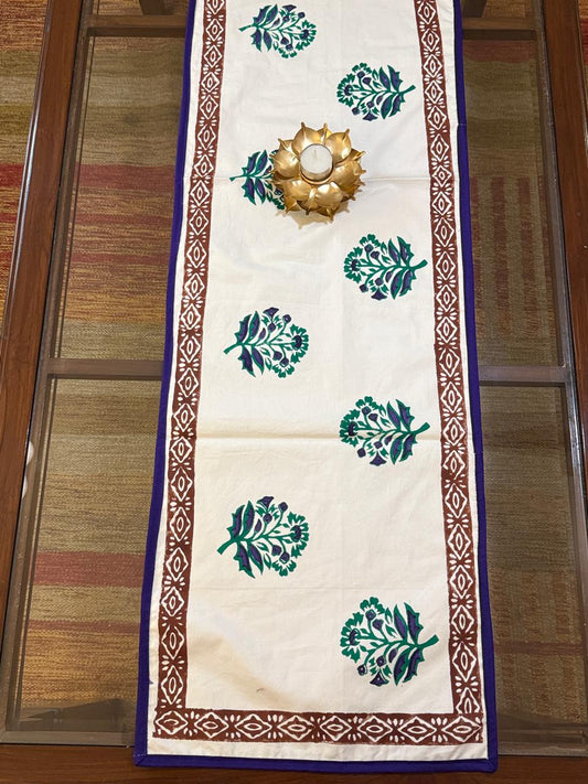 Madhavi - Hand Block Print Coffee Table Runner with border piping (12"x44")