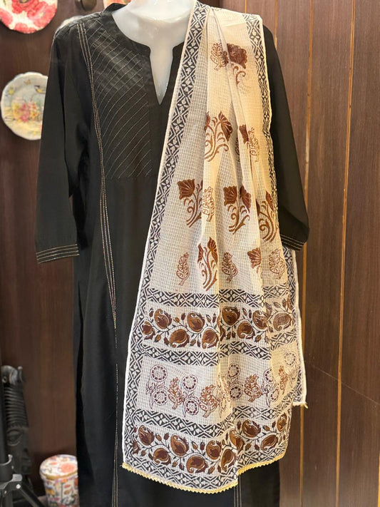 Maroon and Brown Hand Block Printed White Kota Doria Stole