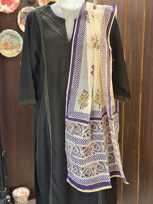 Purple and Gold Hand Block Printed White Kota Doria Stole