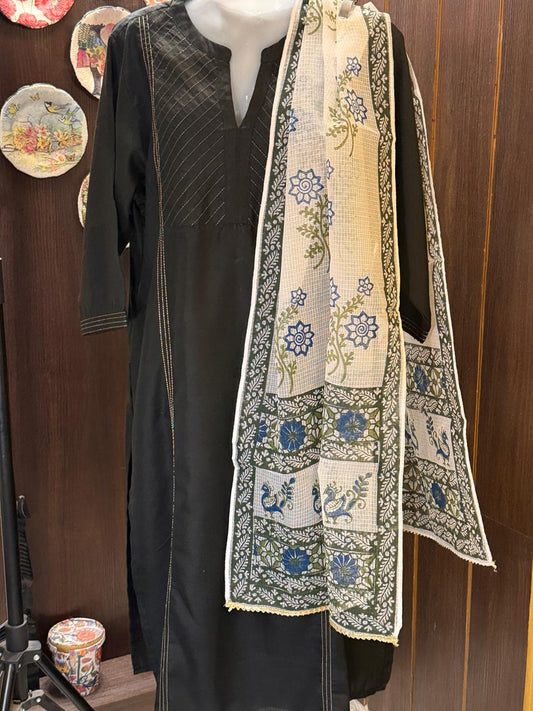 Blue and Green Hand Block Printed White Kota Doria Stole
