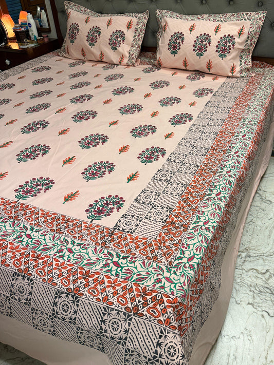 Gulaabi Saaz 🌸 – Hand Block Printed Double Bedsheet Set