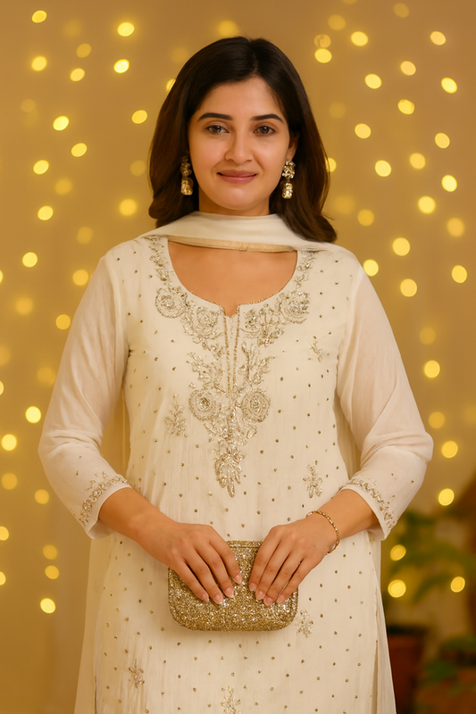 Ziya - Kurta Cloth with Dupatta in White Mul Chanderi with Mukesh Work