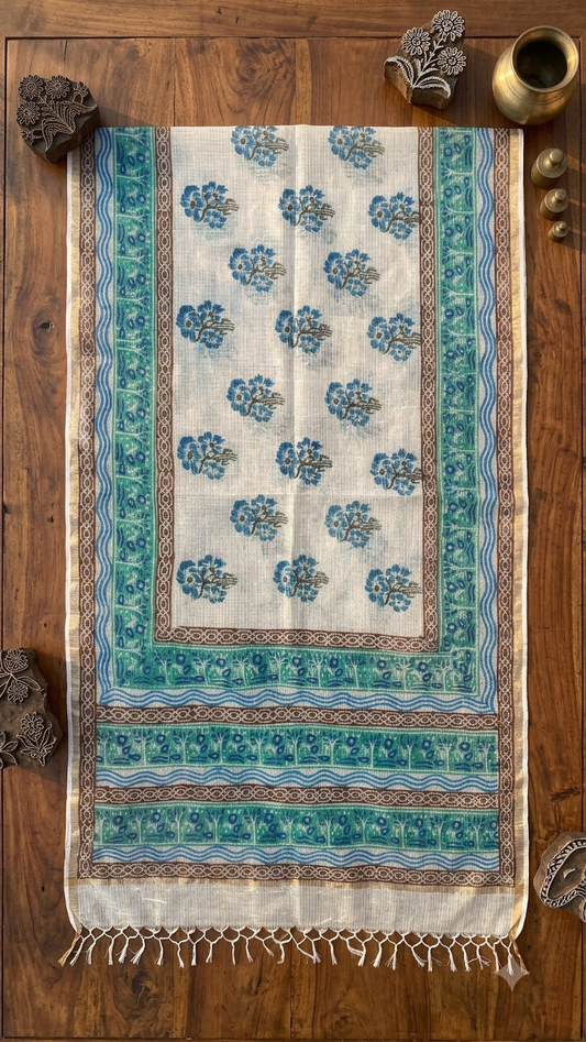 Prithika - Hand Block Printed White Kota Doria Dupatta