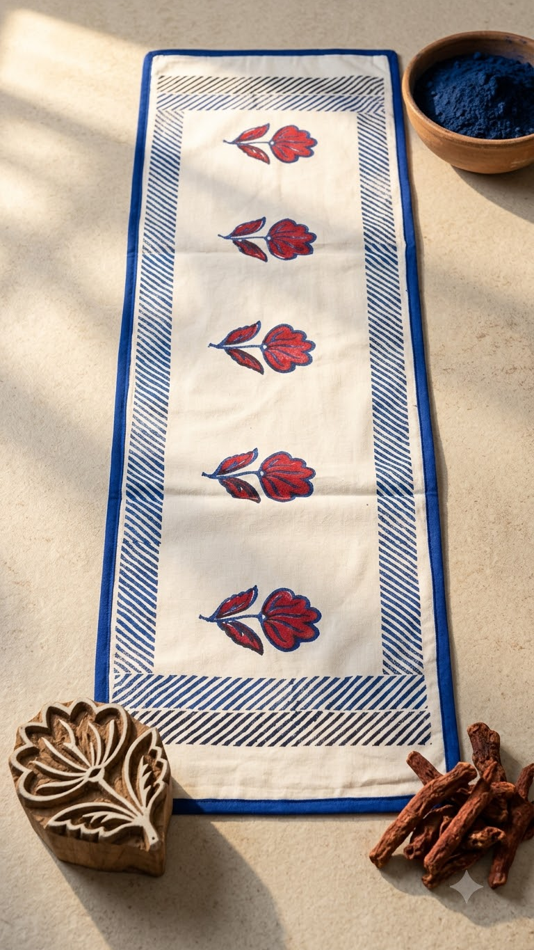 Vanya - Hand Block Print Coffee Table Runner with border piping (11"x48")