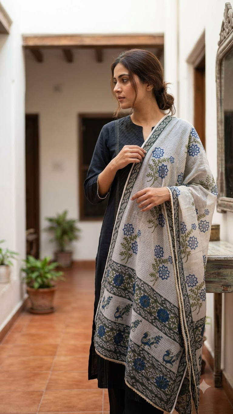 Blue and Green Hand Block Printed White Kota Doria Stole