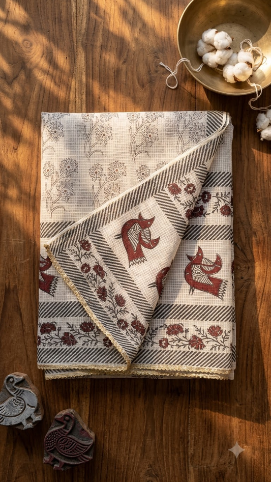 Red and Black Hand Block Printed White Kota Doria Stole
