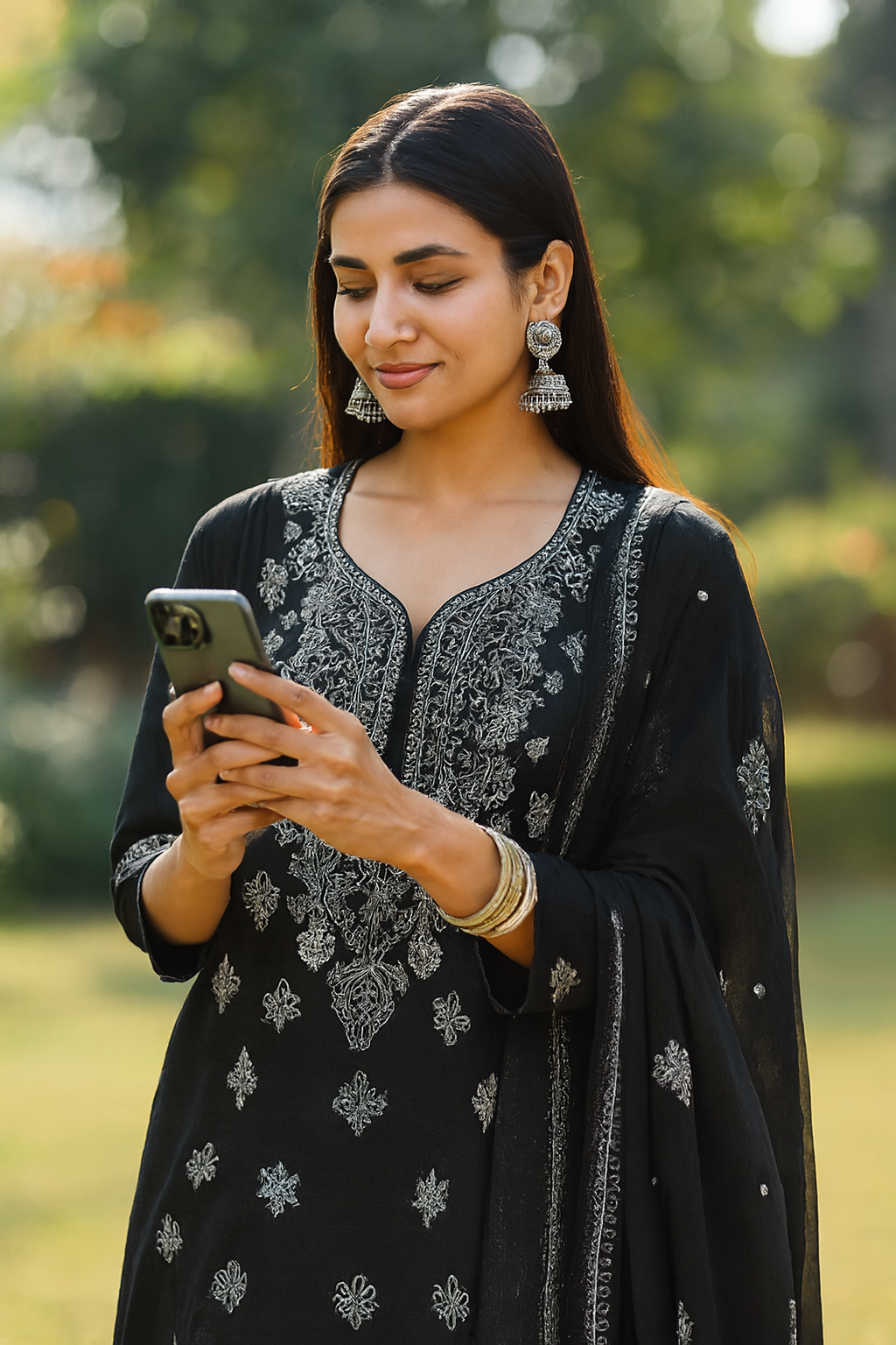 Riva - Kurta Material with Dupatta in Black Kota with White Chikankari Work