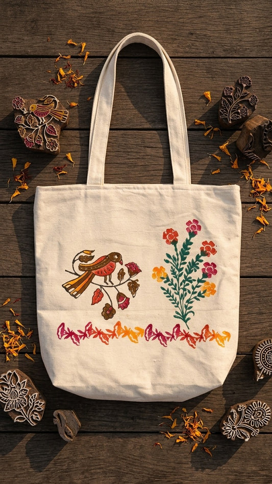 Feathered Hues – Hand Block Printed Tote Bag