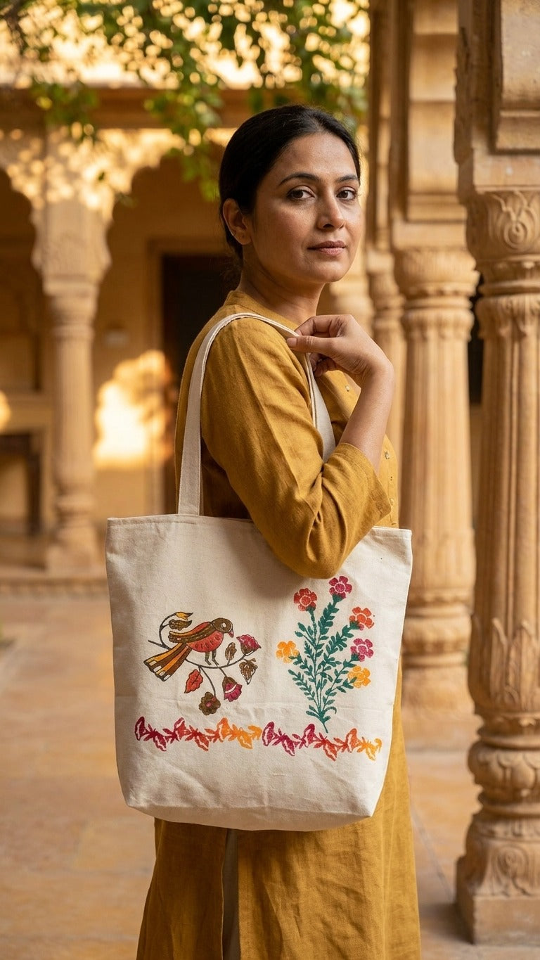 Feathered Hues – Hand Block Printed Tote Bag