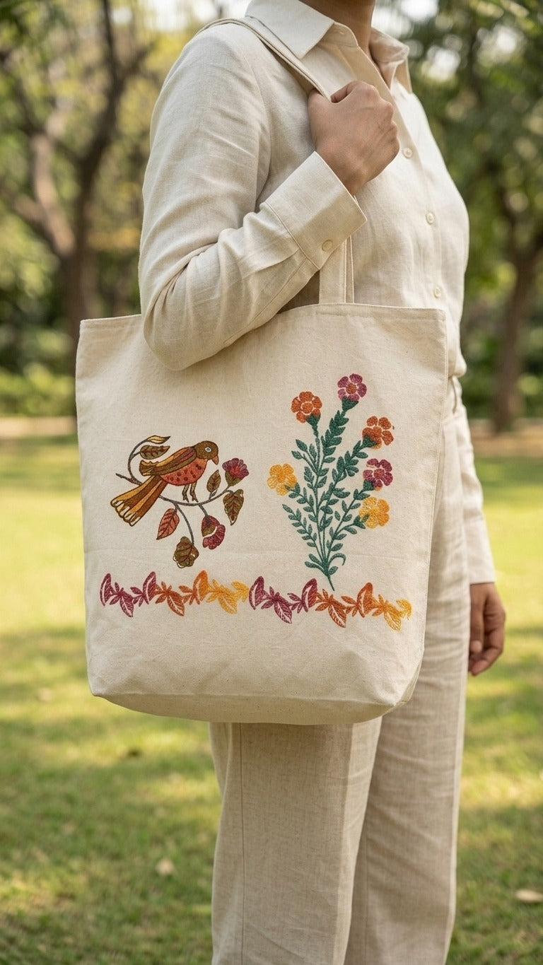 Feathered Hues – Hand Block Printed Tote Bag