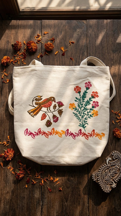 Feathered Hues – Hand Block Printed Tote Bag