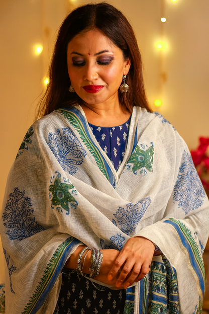 Firoza - White Kota Doria with Blue and Green motifs