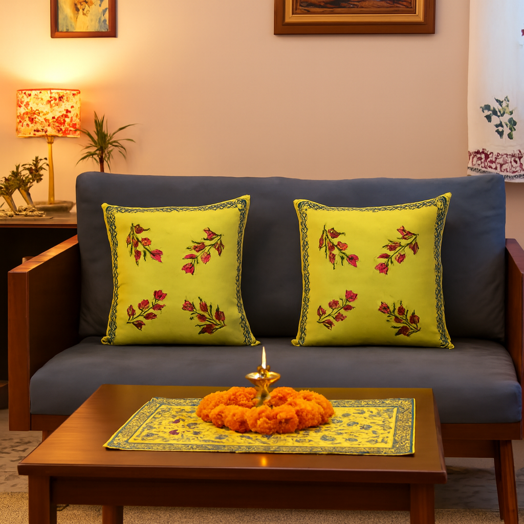 Spring Meadow – Lime Green Cotton Cushion Covers (Set of 2)