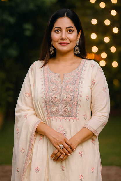 Abha - Kurta Material with Dupatta in White Mul Chanderi with Pearl and Cut Daana Work