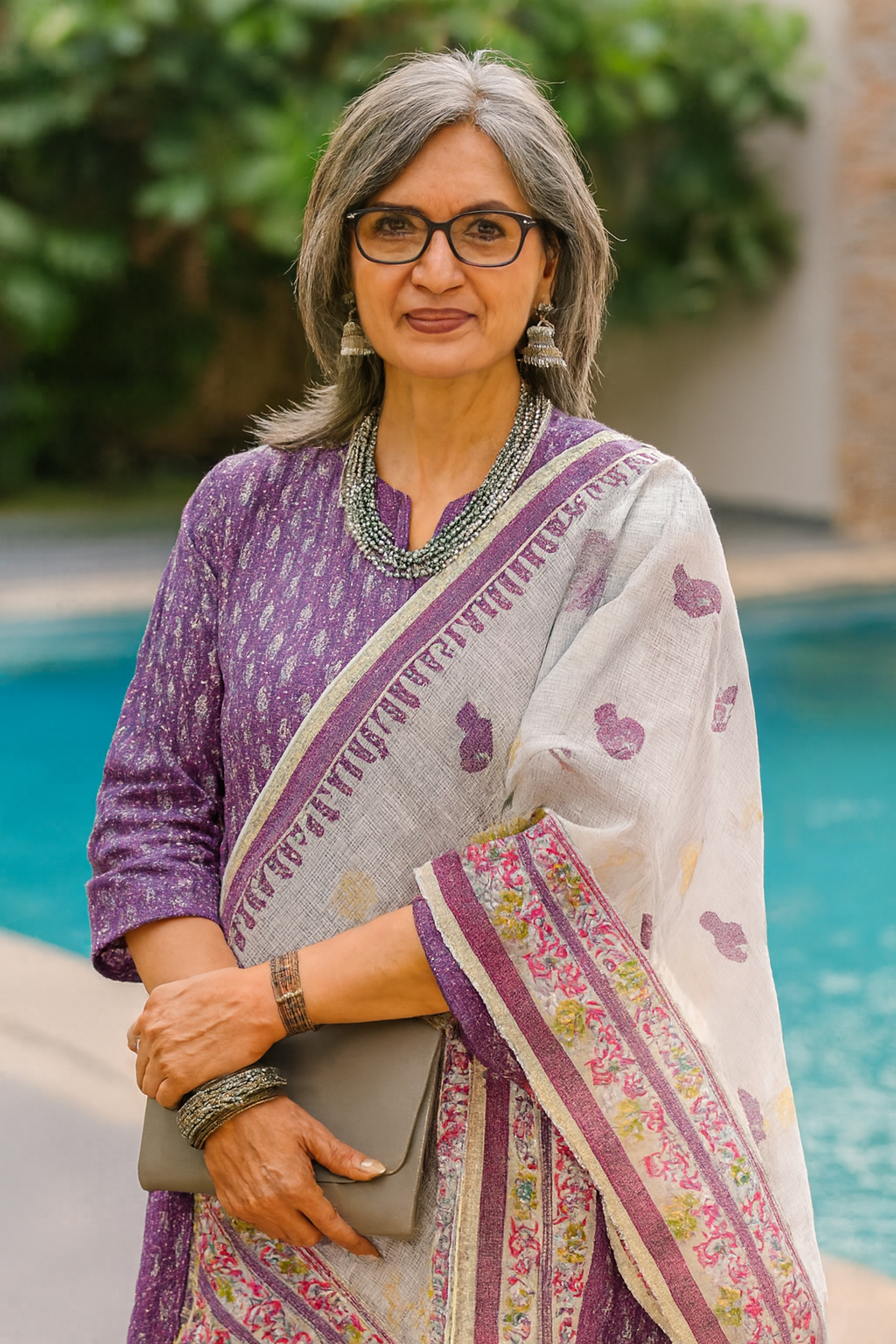 Minakshi - Hand Block Printed White Kota Doria with Purple fish motifs