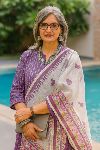 Minakshi - Hand Block Printed White Kota Doria with Purple fish motifs