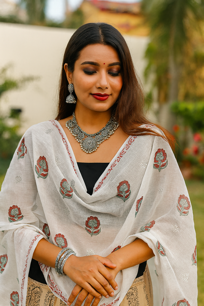 Surbhi - White Kota Doria with Red and Green Floral hand block print