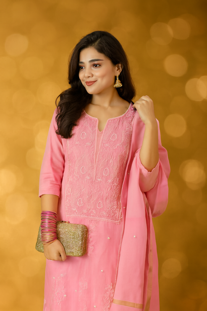 Aanya - Kurta Material with Dupatta in Baby Pink Mul Chanderi with Pearl and Sequin Work(Unstitched)