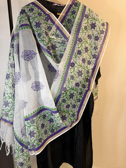 Banphool - White Kota Doria with Purple and Green