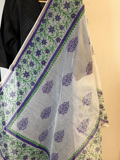 Banphool - White Kota Doria with Purple and Green