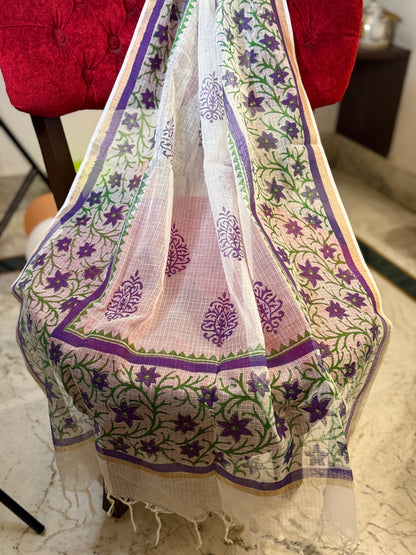 Banphool - White Kota Doria with Purple and Green