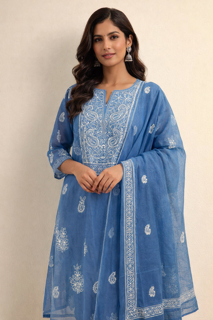 Neelima  - Kurta Material with Dupatta in Blue Kota with White Chikankari Work