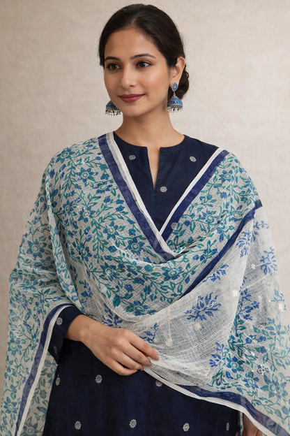 Varnika - Hand Block Printed White Kota Doria with Blue Florals